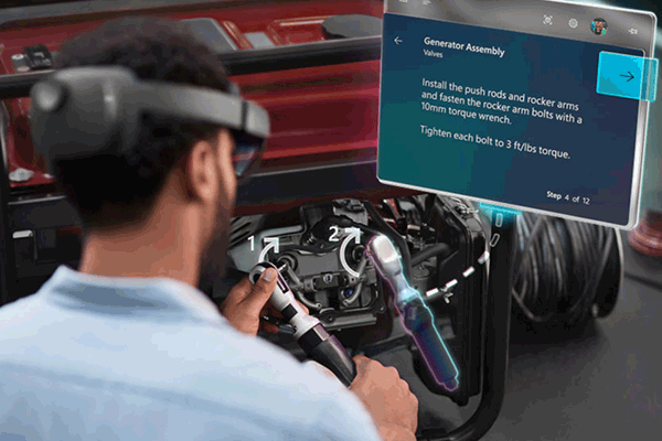 An engineer is using VR glasses which display a step-by-step guide.
